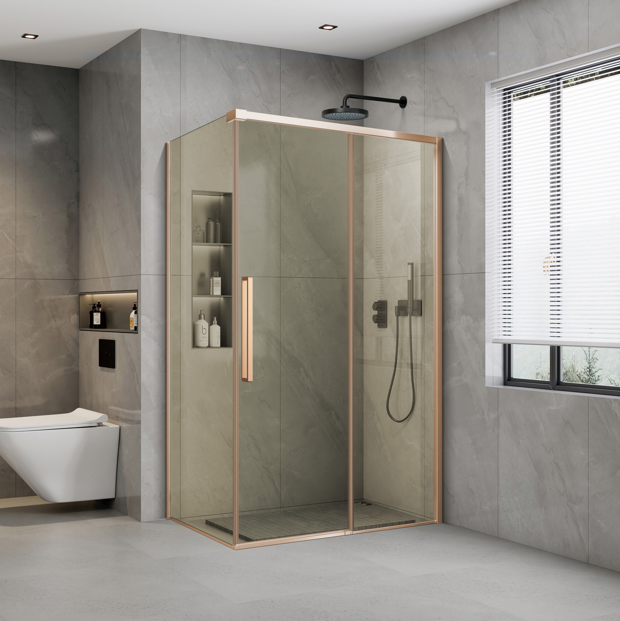 Soft Close Deluxe hoek- en nisopstelling Brushed Copper Champagne glas 100-160cm